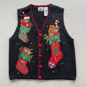 Vintage Women's Christmas Vest by Nutcracker, Teddy Bears in Stockings Size L